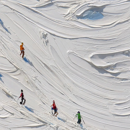 ALPINE RUSH: Textured Impasto Painting of Skiers on a Snowy Mountain | rectangular format, hand-painted canvas edge