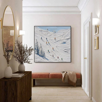 ALPINE RUSH: Textured Impasto Painting of Skiers on a Snowy Mountain | gold frame stretched on neutral wall