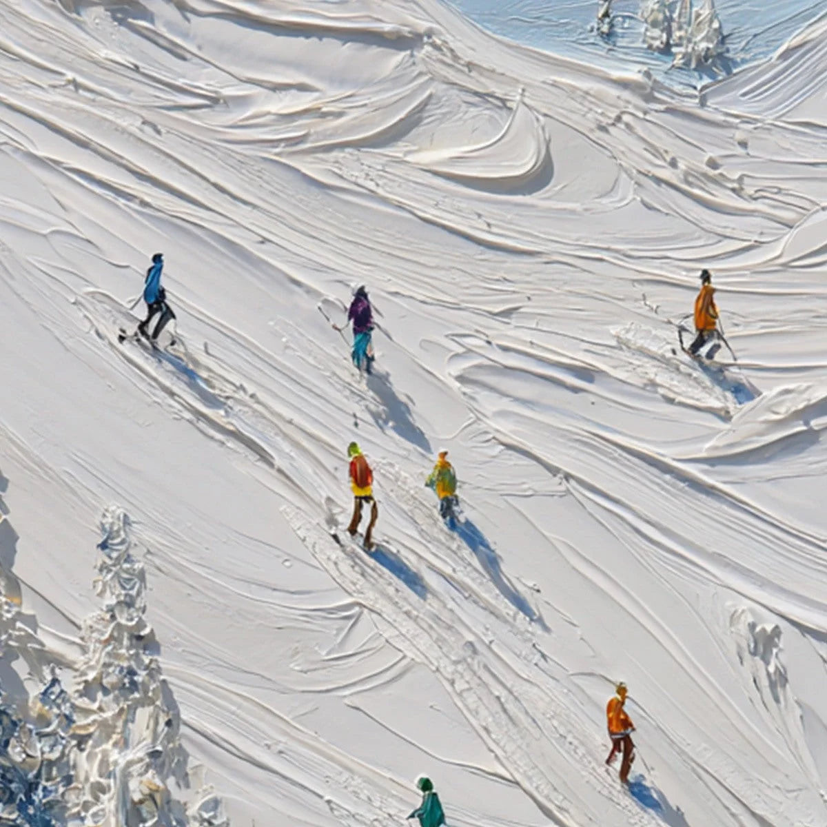 ALPINE RUSH: Textured Impasto Painting of Skiers on a Snowy Mountain | rolled canvas, ready for custom framing