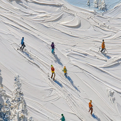 ALPINE RUSH: Textured Impasto Painting of Skiers on a Snowy Mountain | rolled canvas, ready for custom framing