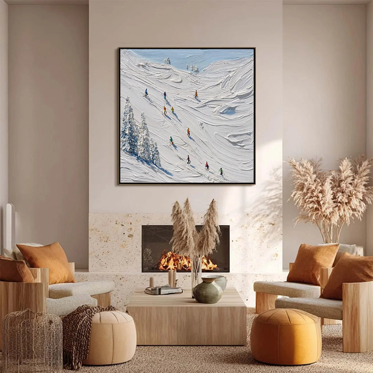 ALPINE RUSH: Textured Impasto Painting of Skiers on a Snowy Mountain | black frame version on white wall