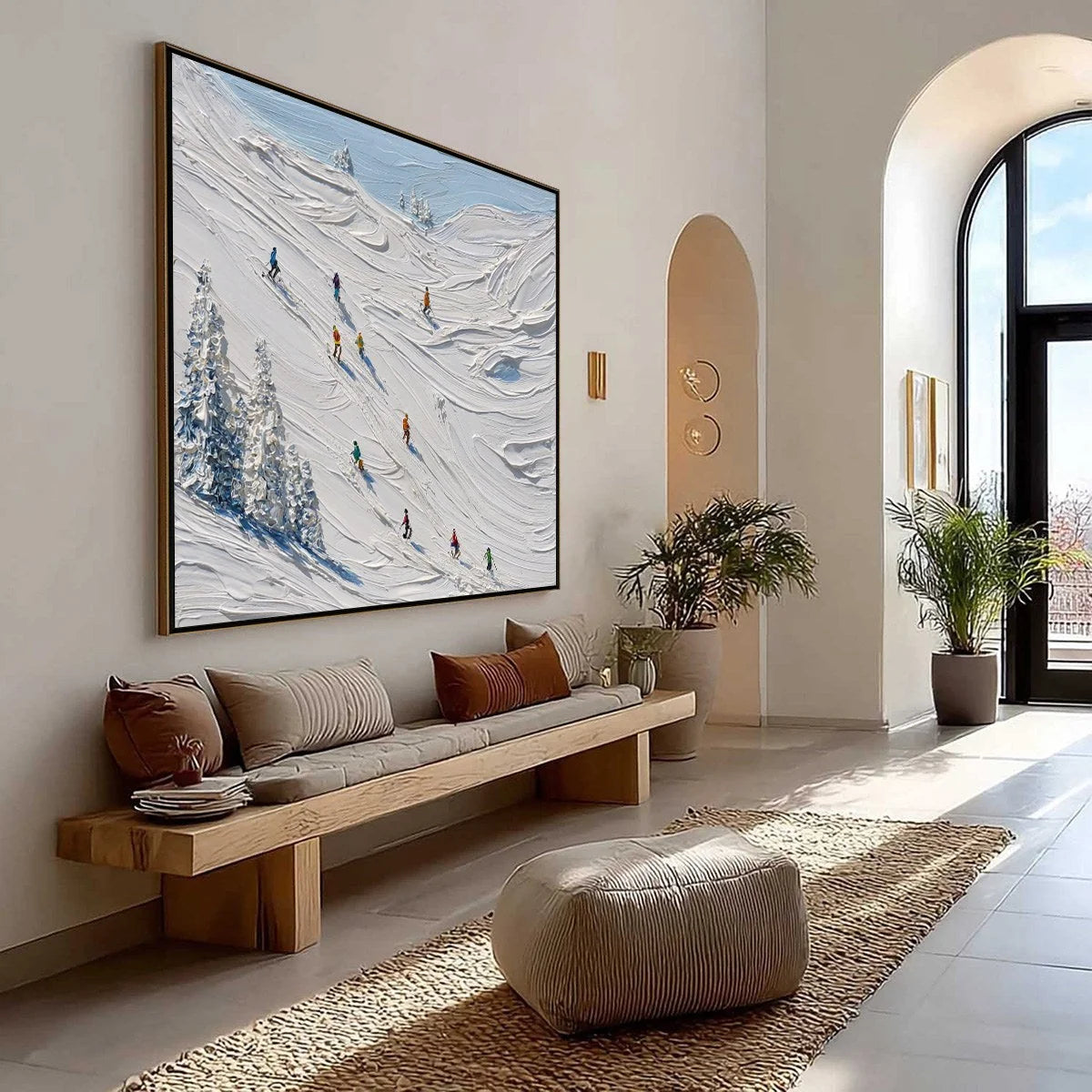 ALPINE RUSH: Textured Impasto Painting of Skiers on a Snowy Mountain | impasto mood, soft natural light studio shot