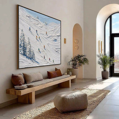 ALPINE RUSH: Textured Impasto Painting of Skiers on a Snowy Mountain | impasto mood, soft natural light studio shot