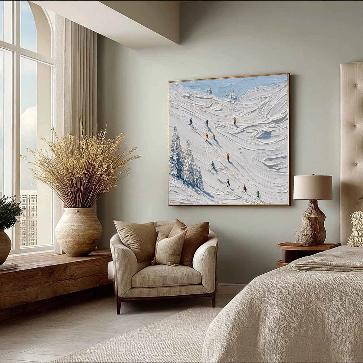 ALPINE RUSH: Textured Impasto Painting of Skiers on a Snowy Mountain | multi palette, original office art
