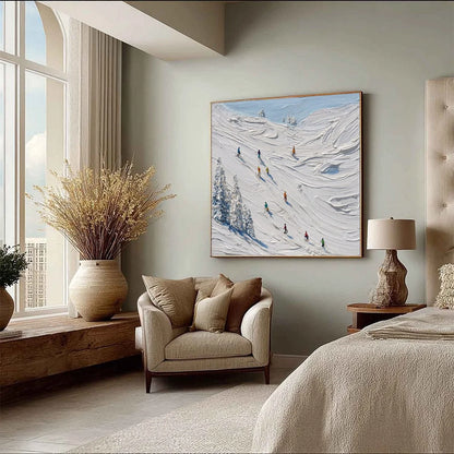 ALPINE RUSH: Textured Impasto Painting of Skiers on a Snowy Mountain | multi palette, original office art