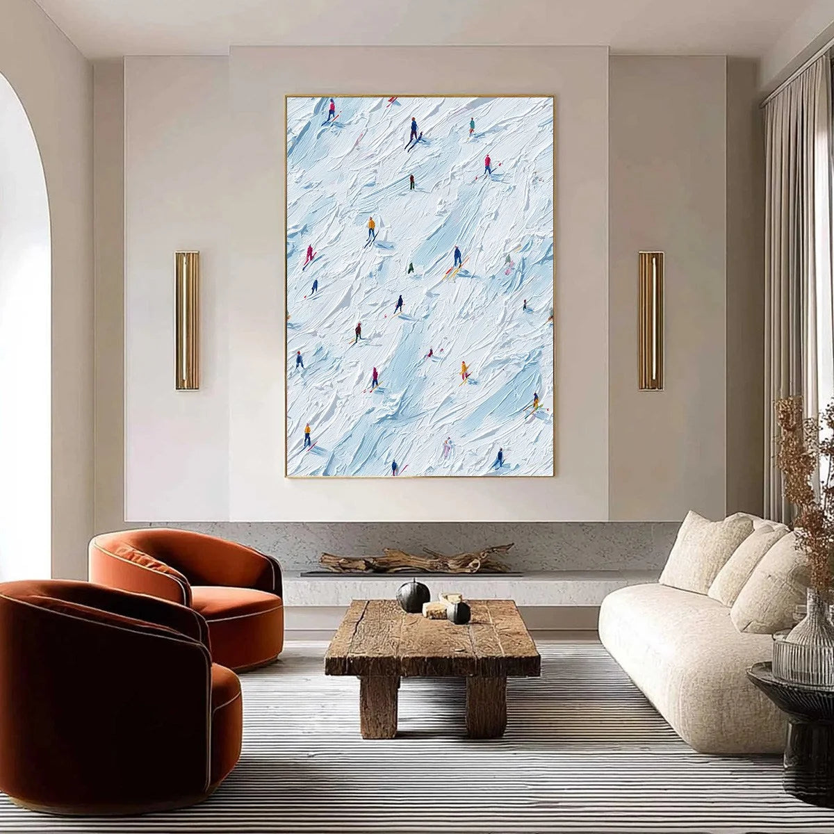 ALPINE RUSH: Textured Impasto Painting of Skiers on a Slope | impasto closeup, raised brushwork detail