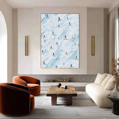 ALPINE RUSH: Textured Impasto Painting of Skiers on a Slope | impasto closeup, raised brushwork detail