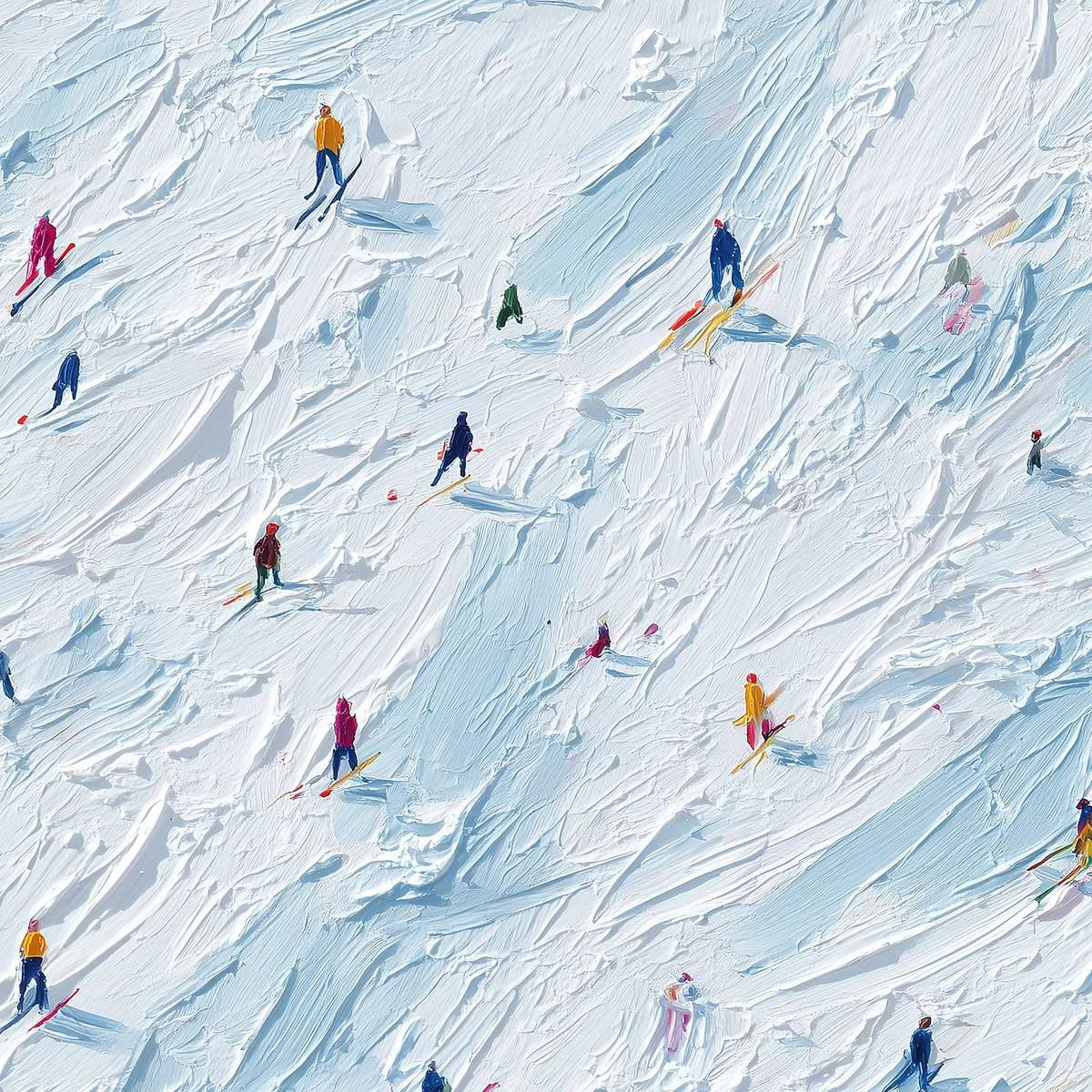 ALPINE RUSH: Textured Impasto Painting of Skiers on a Slope | rectangular format, hand-painted canvas edge
