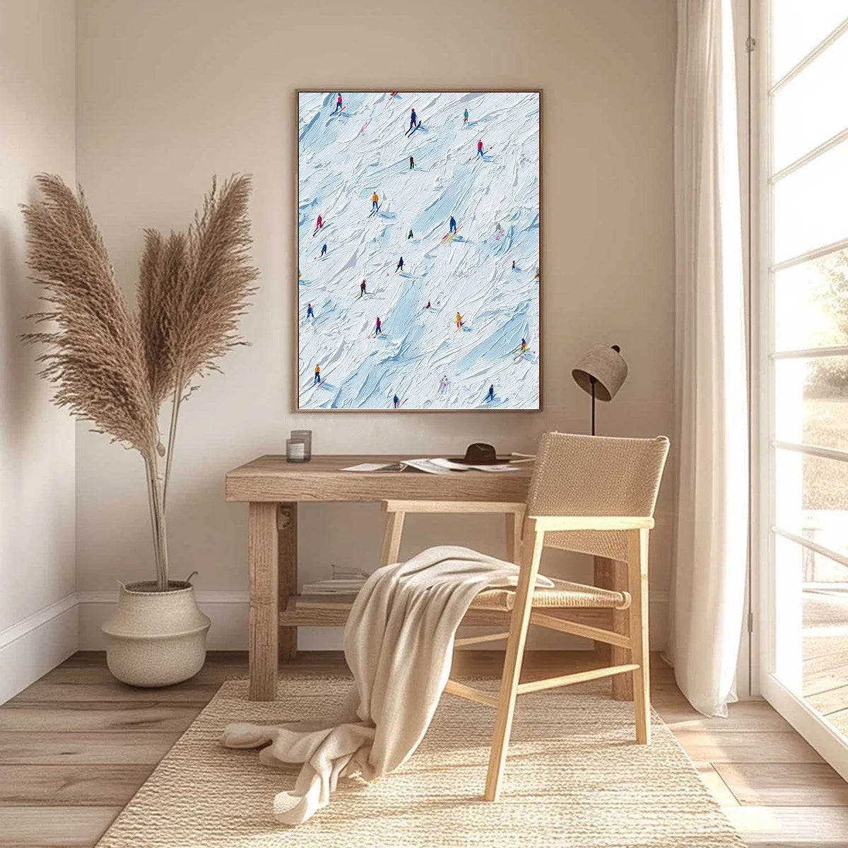 ALPINE RUSH: Textured Impasto Painting of Skiers on a Slope | gold frame stretched on neutral wall