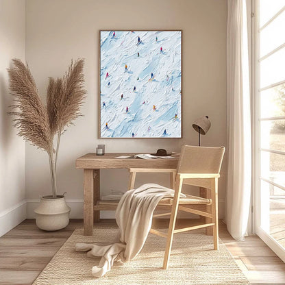 ALPINE RUSH: Textured Impasto Painting of Skiers on a Slope | gold frame stretched on neutral wall