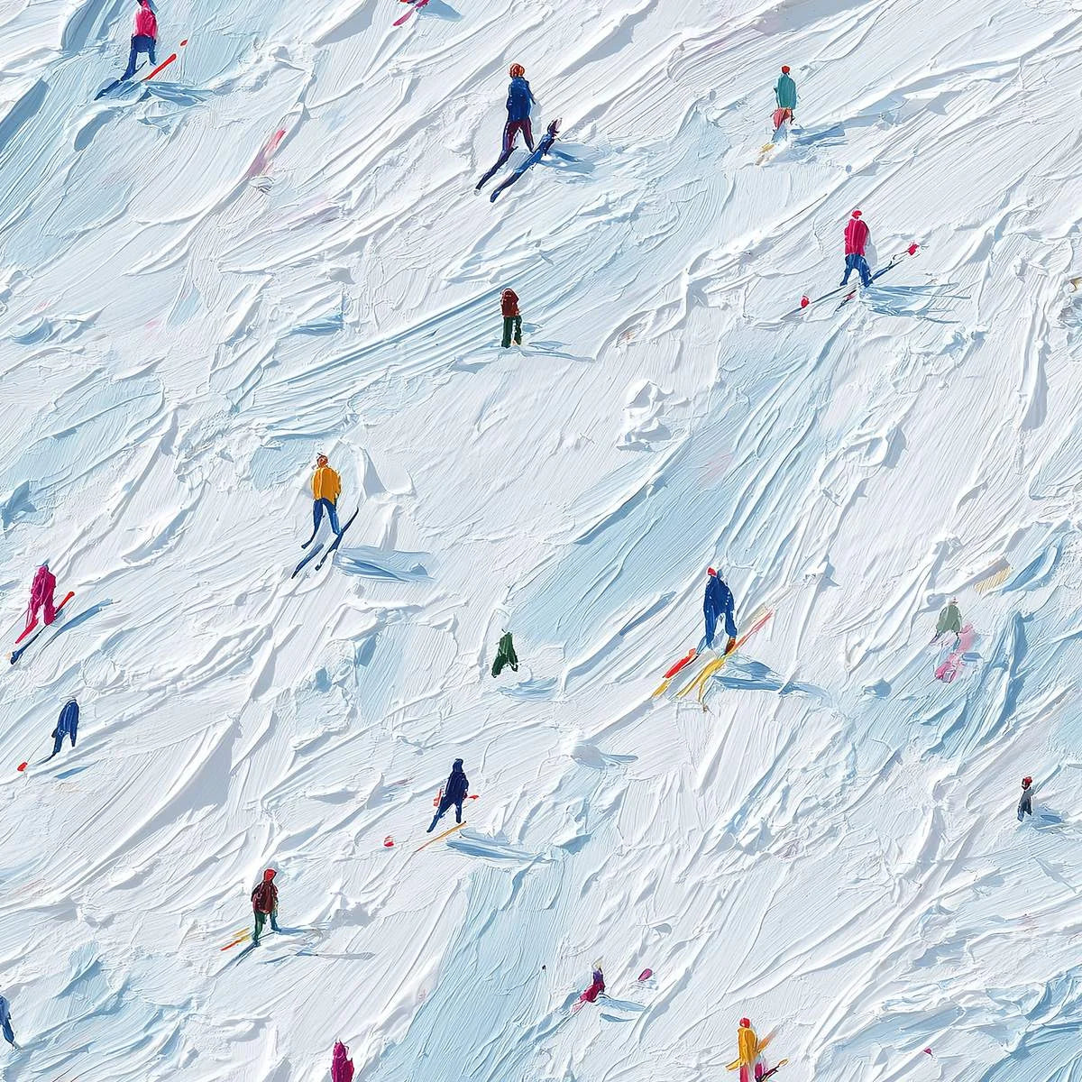 ALPINE RUSH: Textured Impasto Painting of Skiers on a Slope | rolled canvas, ready for custom framing