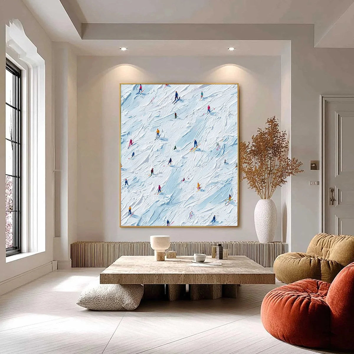 ALPINE RUSH: Textured Impasto Painting of Skiers on a Slope | black frame version on white wall