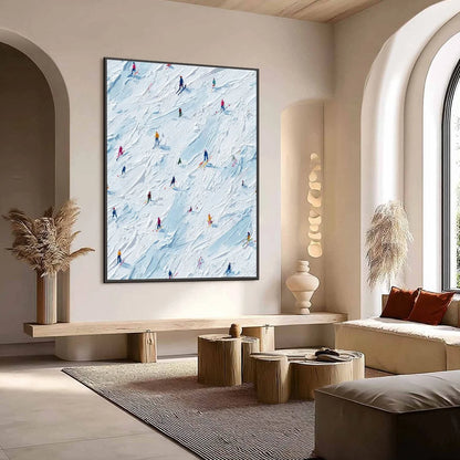 ALPINE RUSH: Textured Impasto Painting of Skiers on a Slope | impasto mood, soft natural light studio shot