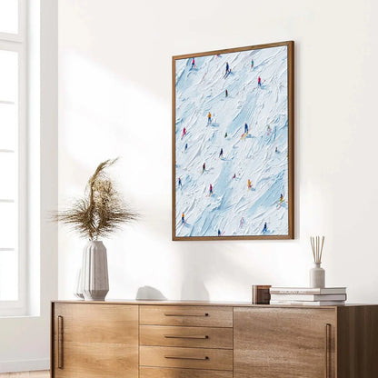ALPINE RUSH: Textured Impasto Painting of Skiers on a Slope | multi palette, original office art