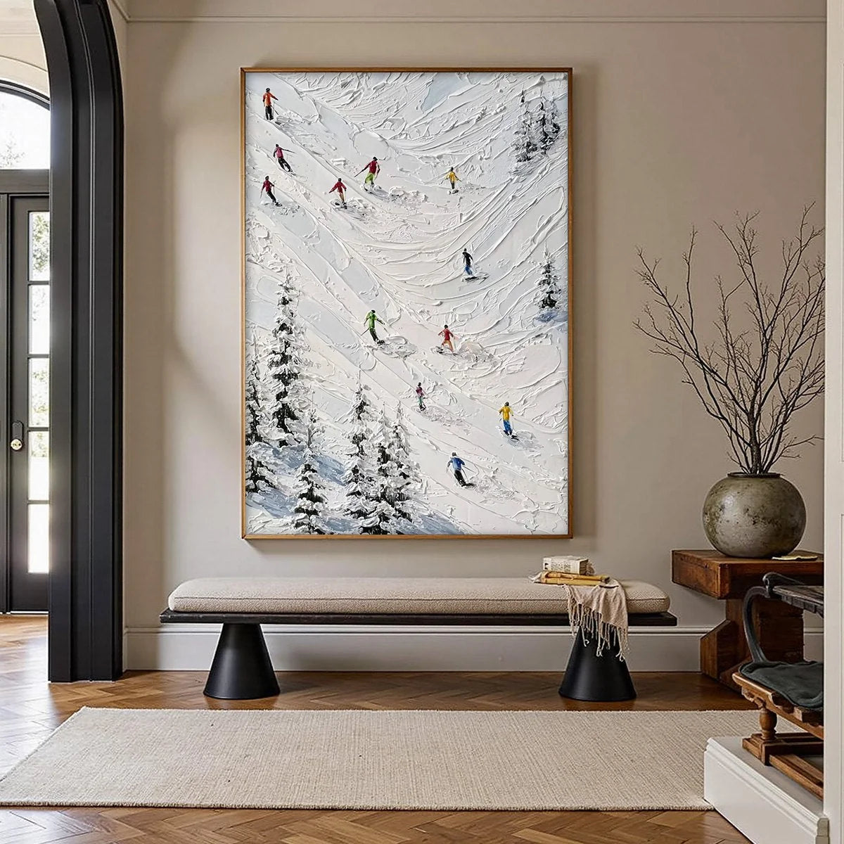 ALPINE RUSH: Textured Impasto Skiing on Mountain Slope Painting | impasto closeup, raised brushwork detail