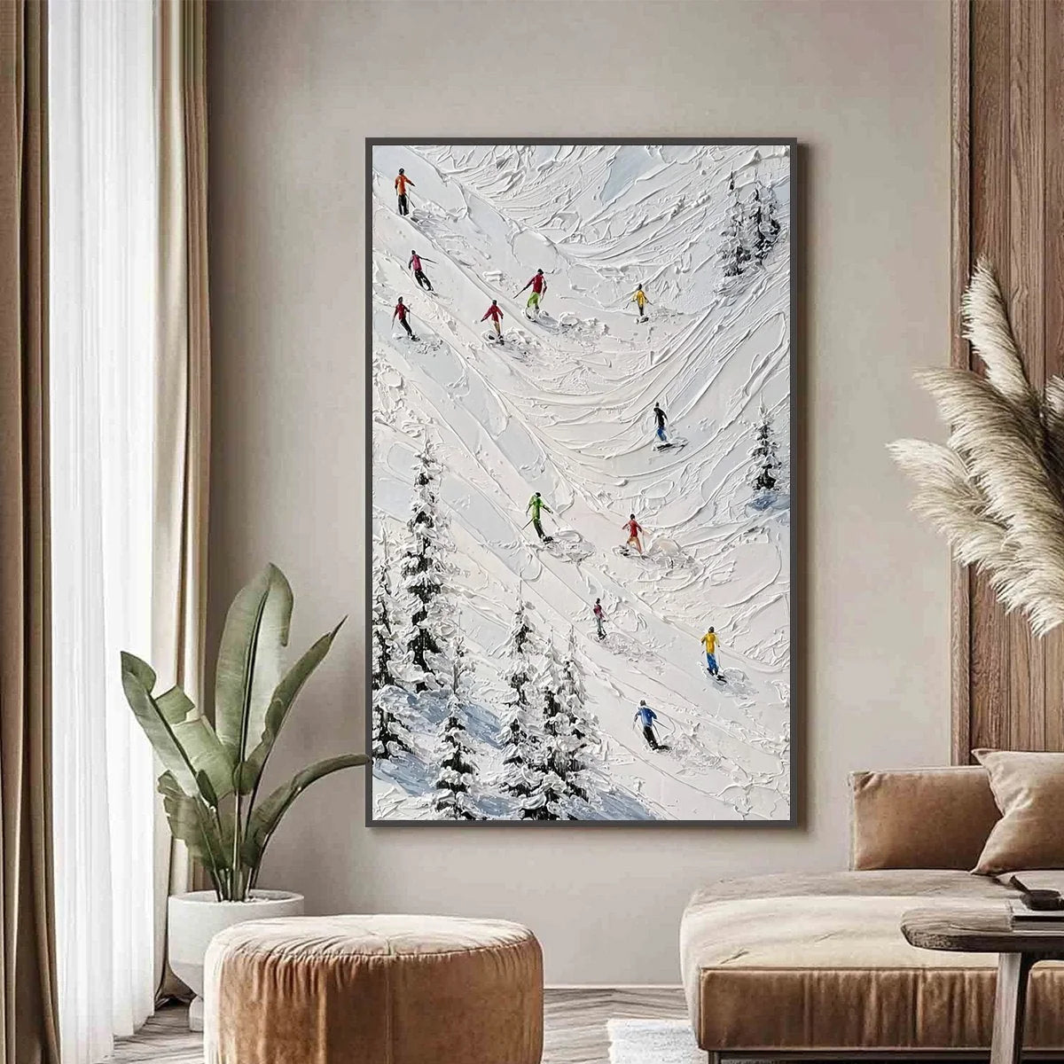 ALPINE RUSH: Textured Impasto Skiing on Mountain Slope Painting | gold frame stretched on neutral wall