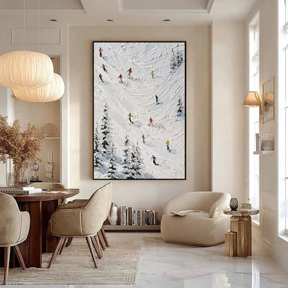 ALPINE RUSH: Textured Impasto Skiing on Mountain Slope Painting | black frame version on white wall