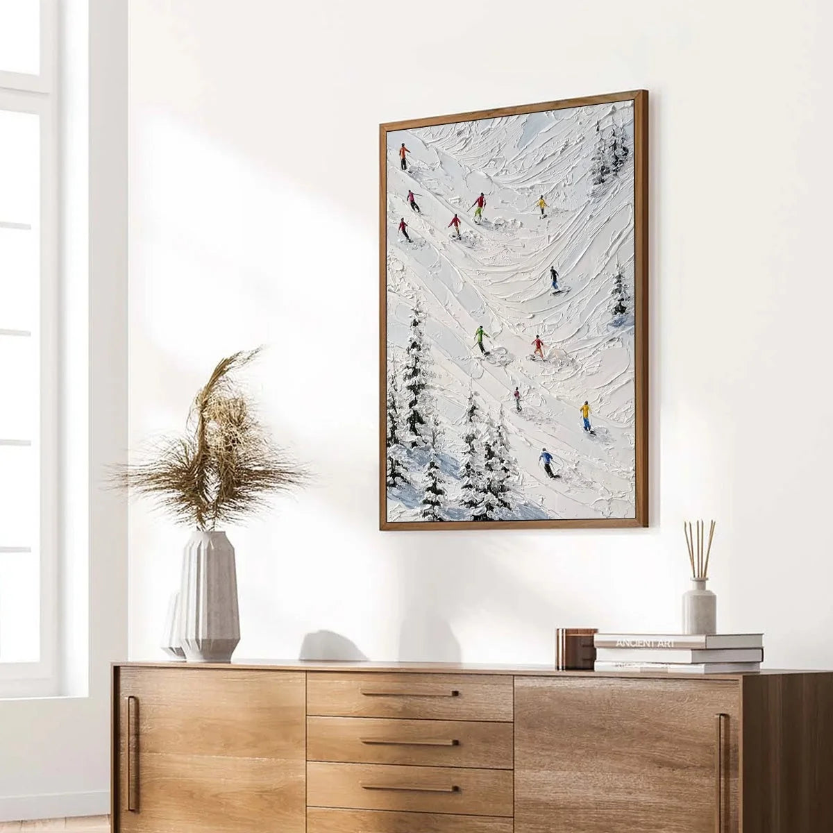 ALPINE RUSH: Textured Impasto Skiing on Mountain Slope Painting | multi palette, original office art