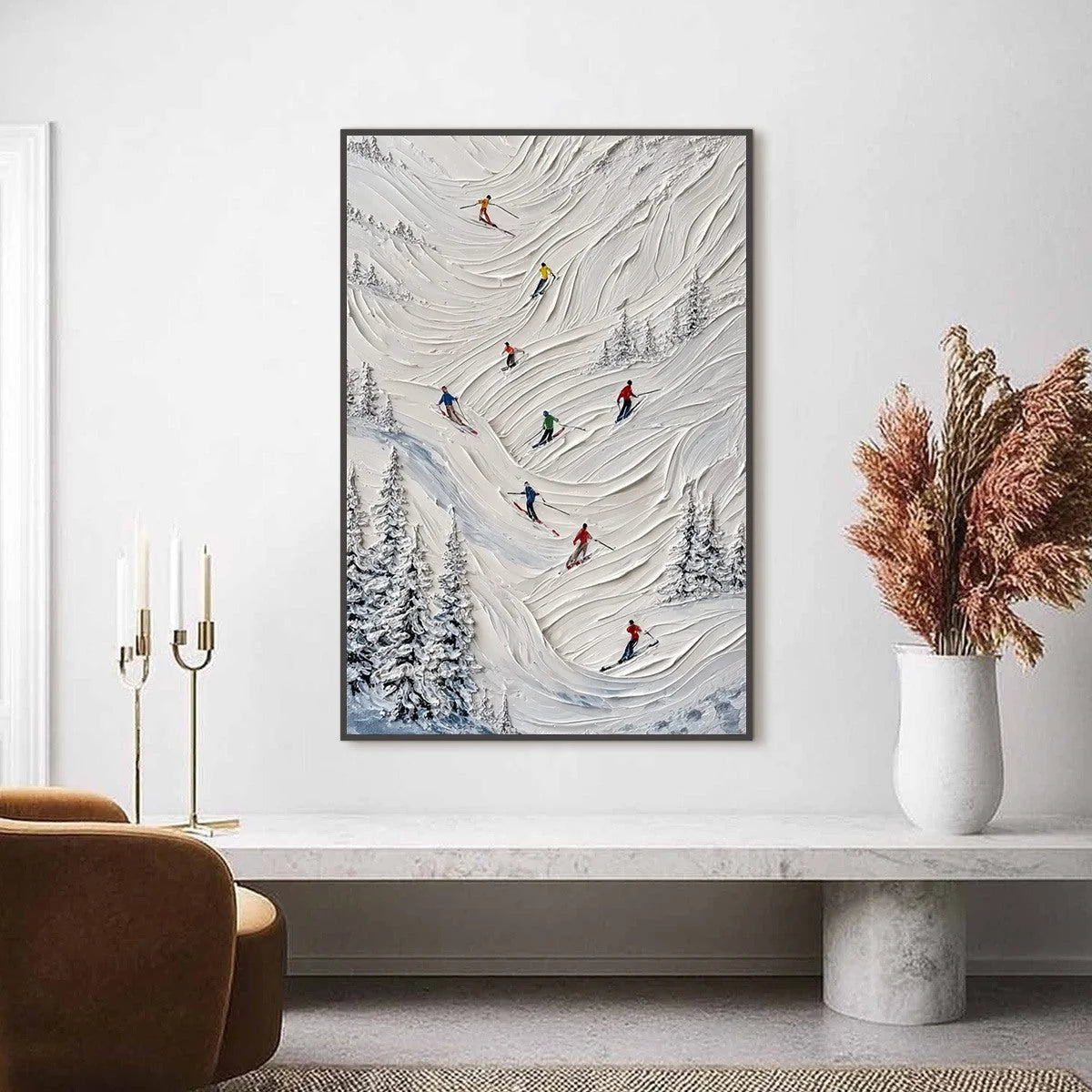 ALPINE RUSH: Textured Impasto Skiing on Mountain Slope Painting | impasto closeup, raised brushwork detail