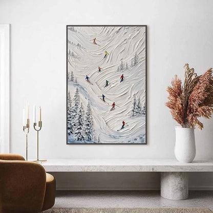 ALPINE RUSH: Textured Impasto Skiing on Mountain Slope Painting | impasto closeup, raised brushwork detail