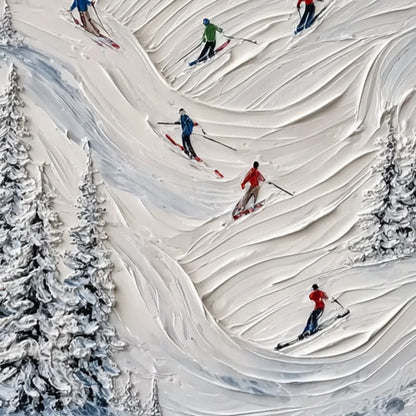 ALPINE RUSH: Textured Impasto Skiing on Mountain Slope Painting | rectangular format, hand-painted canvas edge