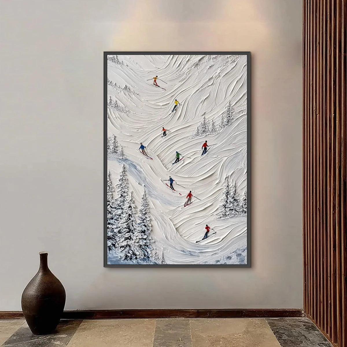 ALPINE RUSH: Textured Impasto Skiing on Mountain Slope Painting | gold frame stretched on neutral wall