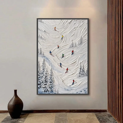 ALPINE RUSH: Textured Impasto Skiing on Mountain Slope Painting | gold frame stretched on neutral wall