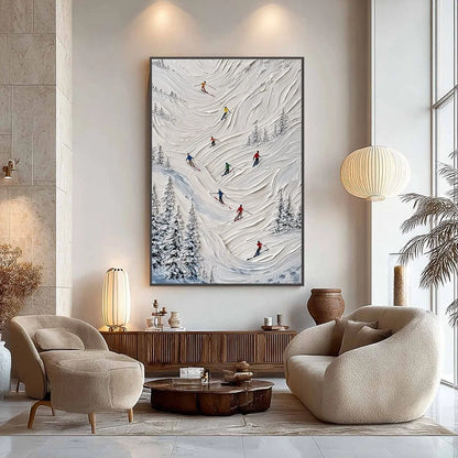 ALPINE RUSH: Textured Impasto Skiing on Mountain Slope Painting | black frame version on white wall