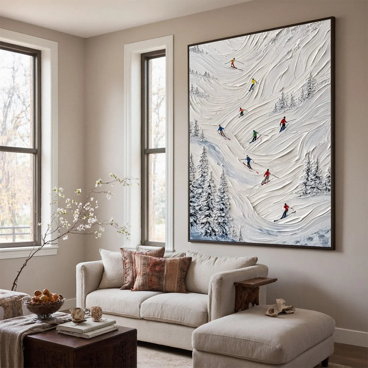 ALPINE RUSH: Textured Impasto Skiing on Mountain Slope Painting | impasto mood, soft natural light studio shot