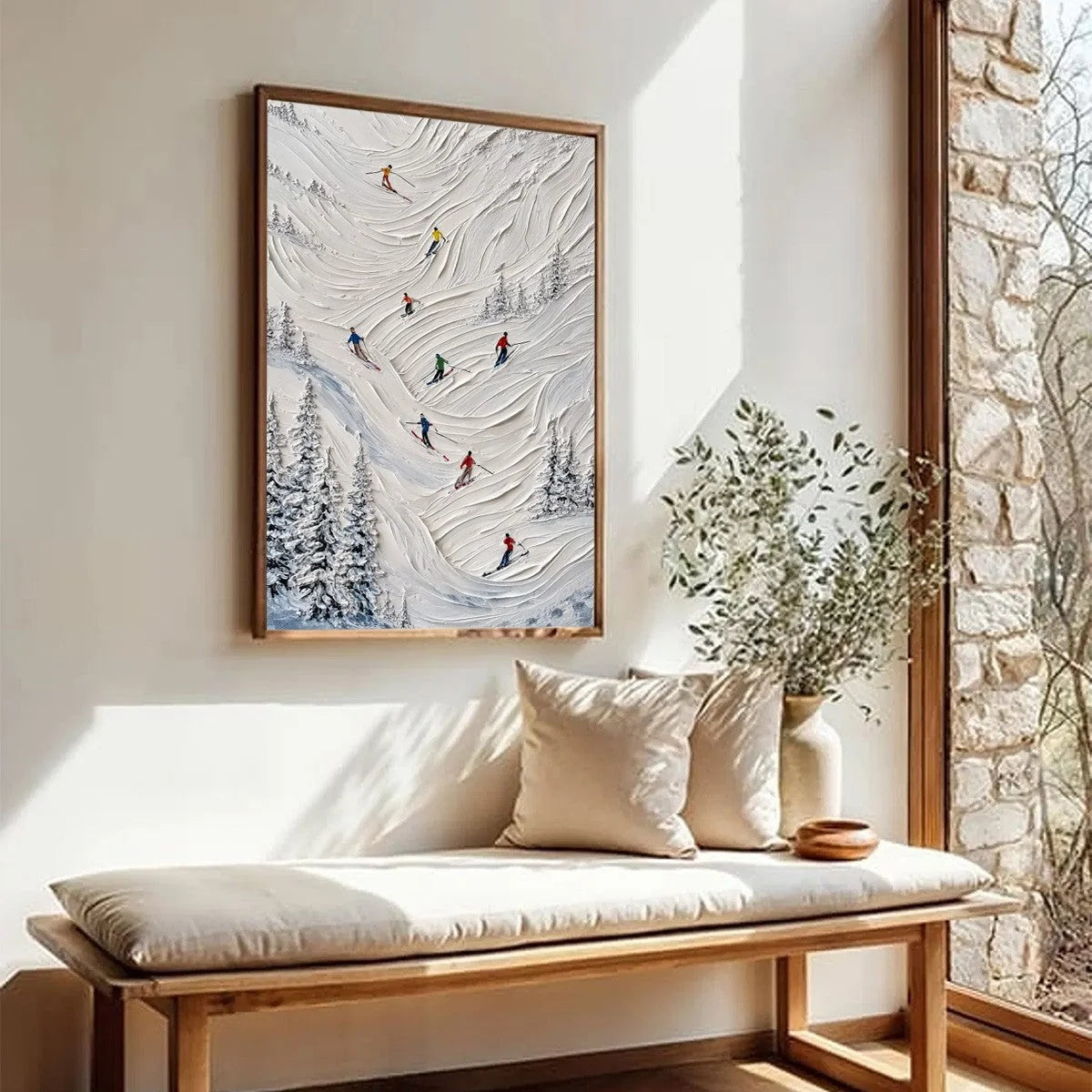 ALPINE RUSH: Textured Impasto Skiing on Mountain Slope Painting | multi palette, original office art