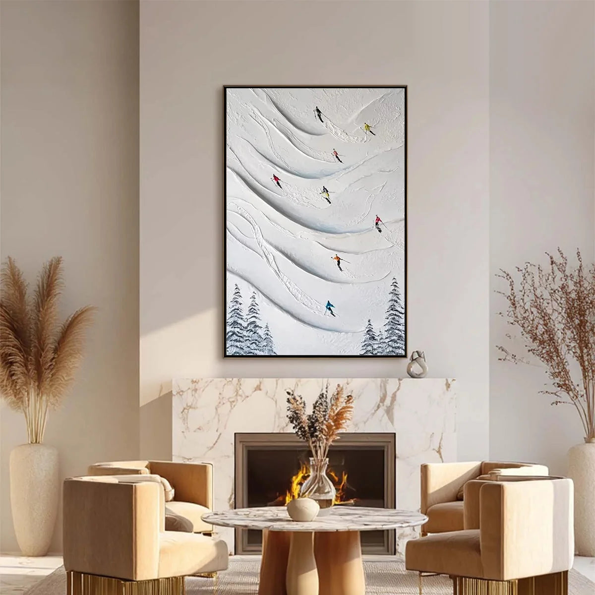 ALPINE RUSH: Textured Impasto Skiing & Mountain Sports Painting | gold frame stretched on neutral wall