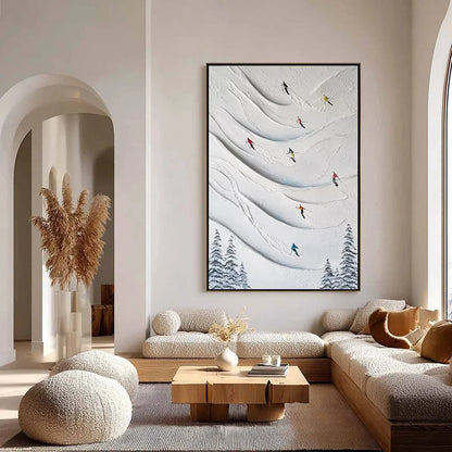 ALPINE RUSH: Textured Impasto Skiing & Mountain Sports Painting | black frame version on white wall