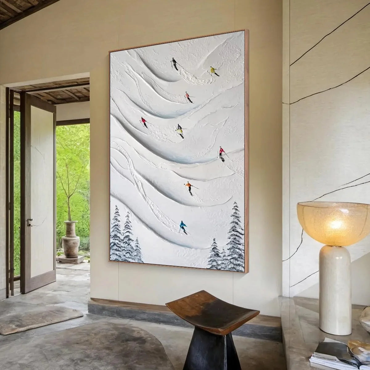 ALPINE RUSH: Textured Impasto Skiing & Mountain Sports Painting | impasto mood, soft natural light studio shot