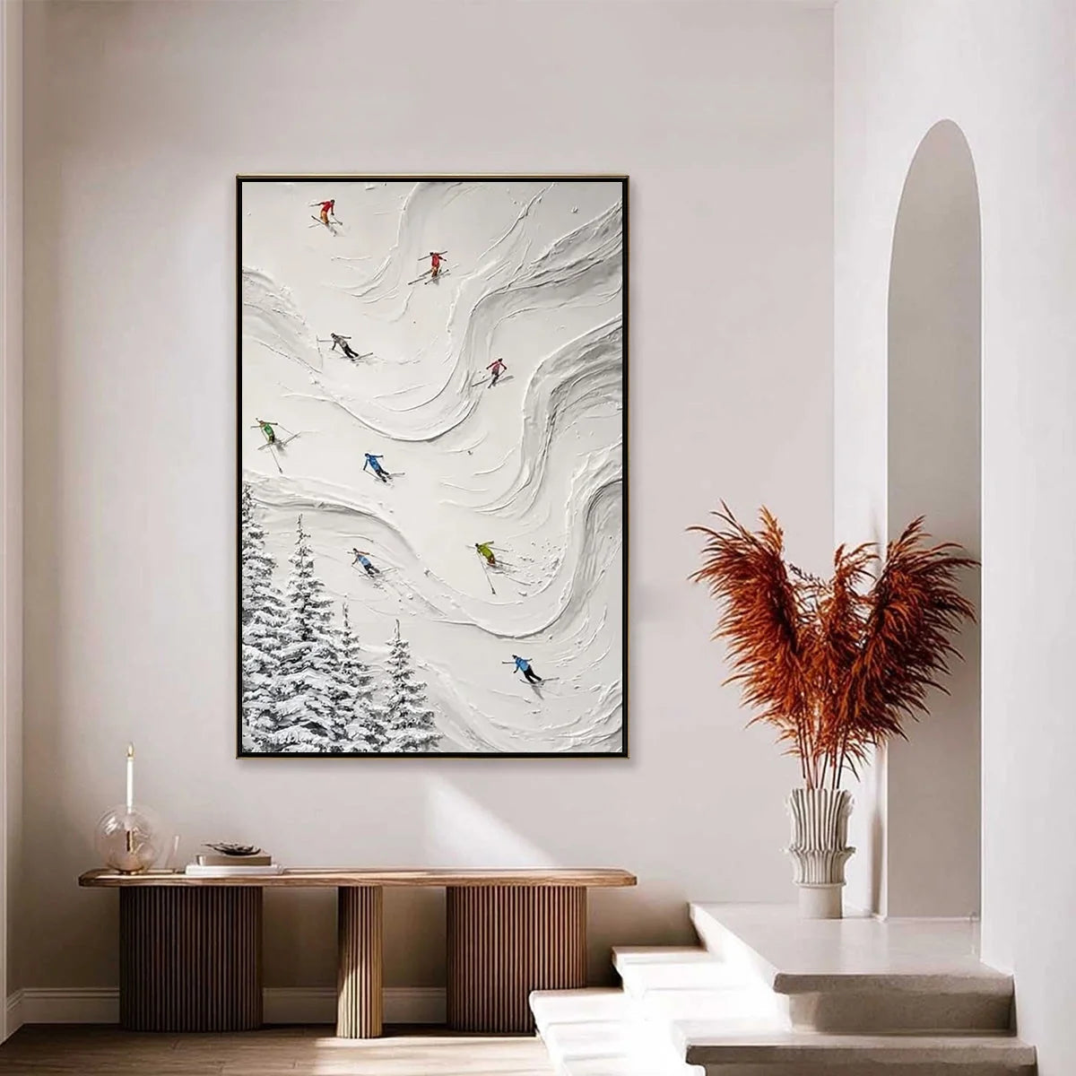 ALPINE RUSH: Textured Impasto Skiing Painting on Canvas | gold frame stretched on neutral wall