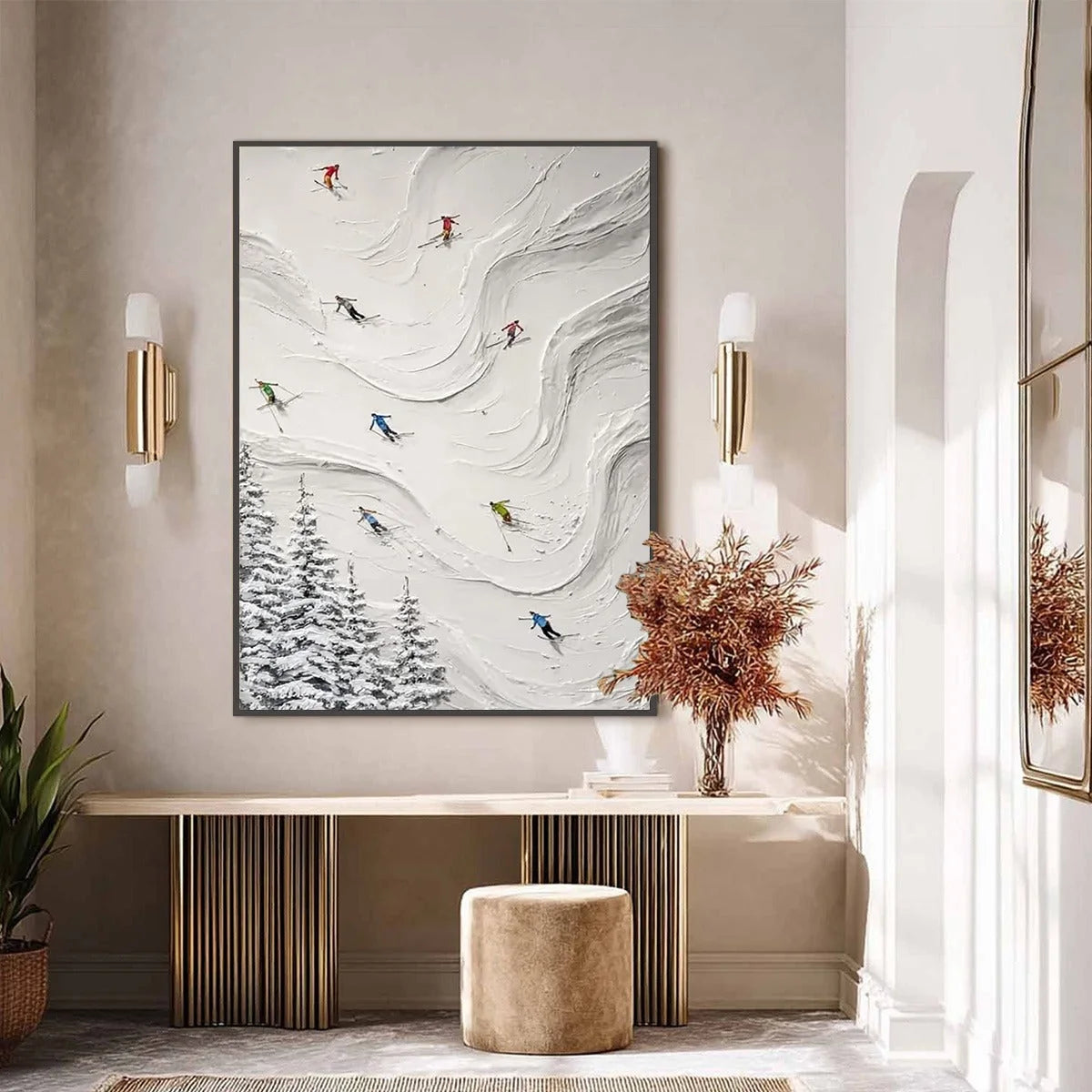 ALPINE RUSH: Textured Impasto Skiing Painting on Canvas | black frame version on white wall