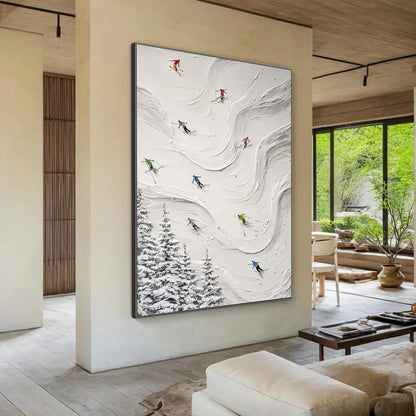 ALPINE RUSH: Textured Impasto Skiing Painting on Canvas | impasto mood, soft natural light studio shot