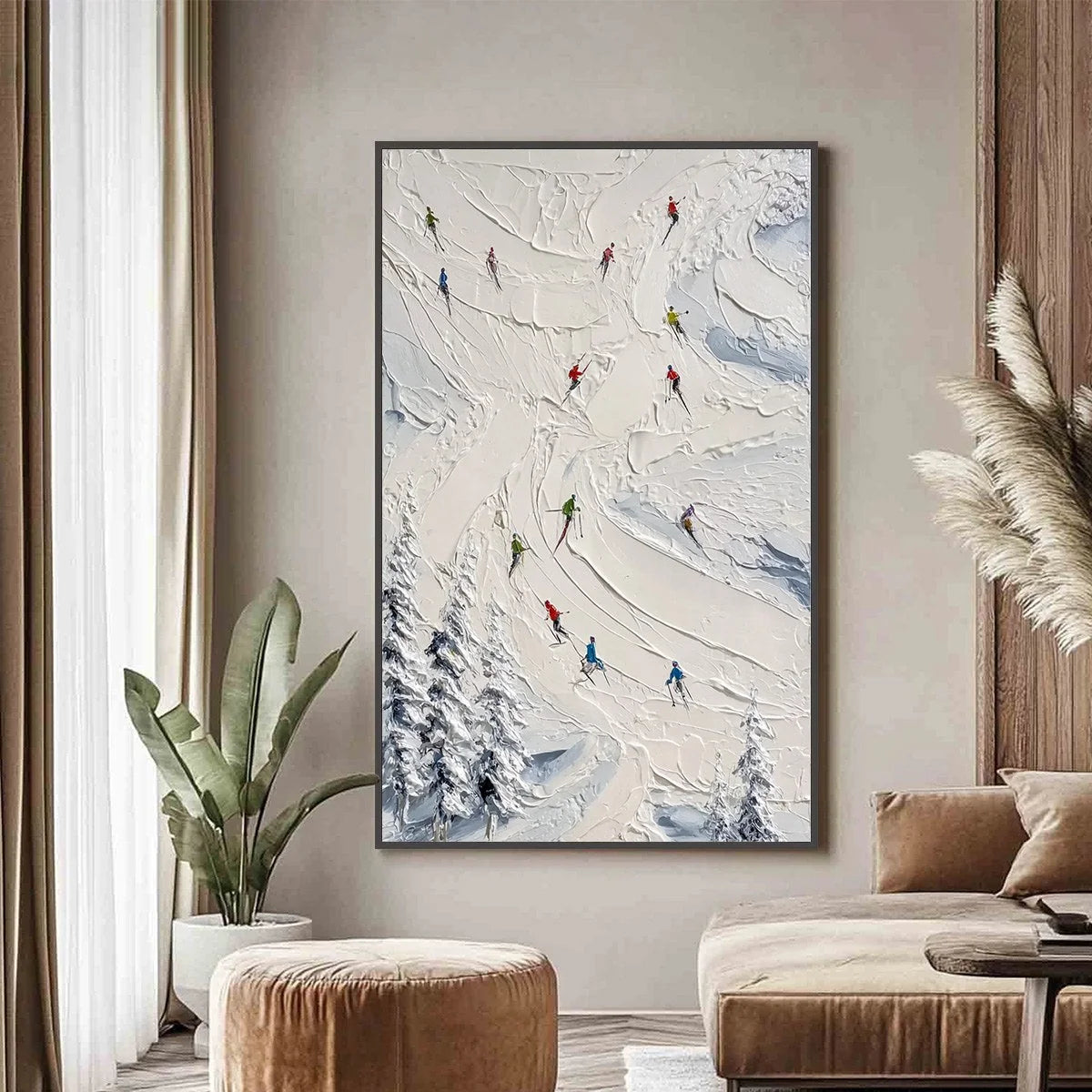 ALPINE RUSH: Textured Impasto Skiing Painting on Canvas | gold frame stretched on neutral wall