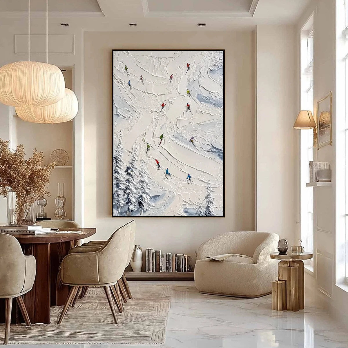 ALPINE RUSH: Textured Impasto Skiing Painting on Canvas | black frame version on white wall