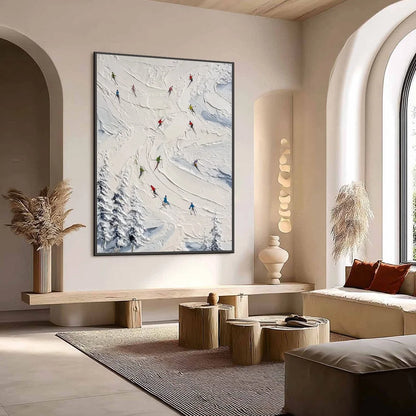ALPINE RUSH: Textured Impasto Skiing Painting on Canvas | impasto mood, soft natural light studio shot