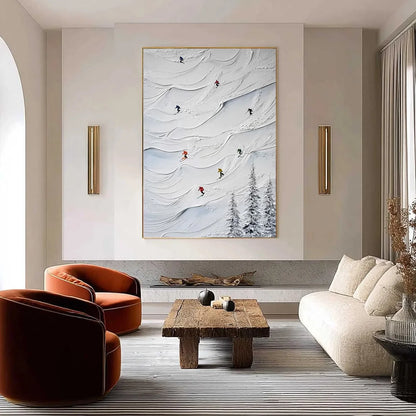 ALPINE RUSH: Textured Impasto Skiing on Snowy Mountain Oil Painting | impasto closeup, raised brushwork detail