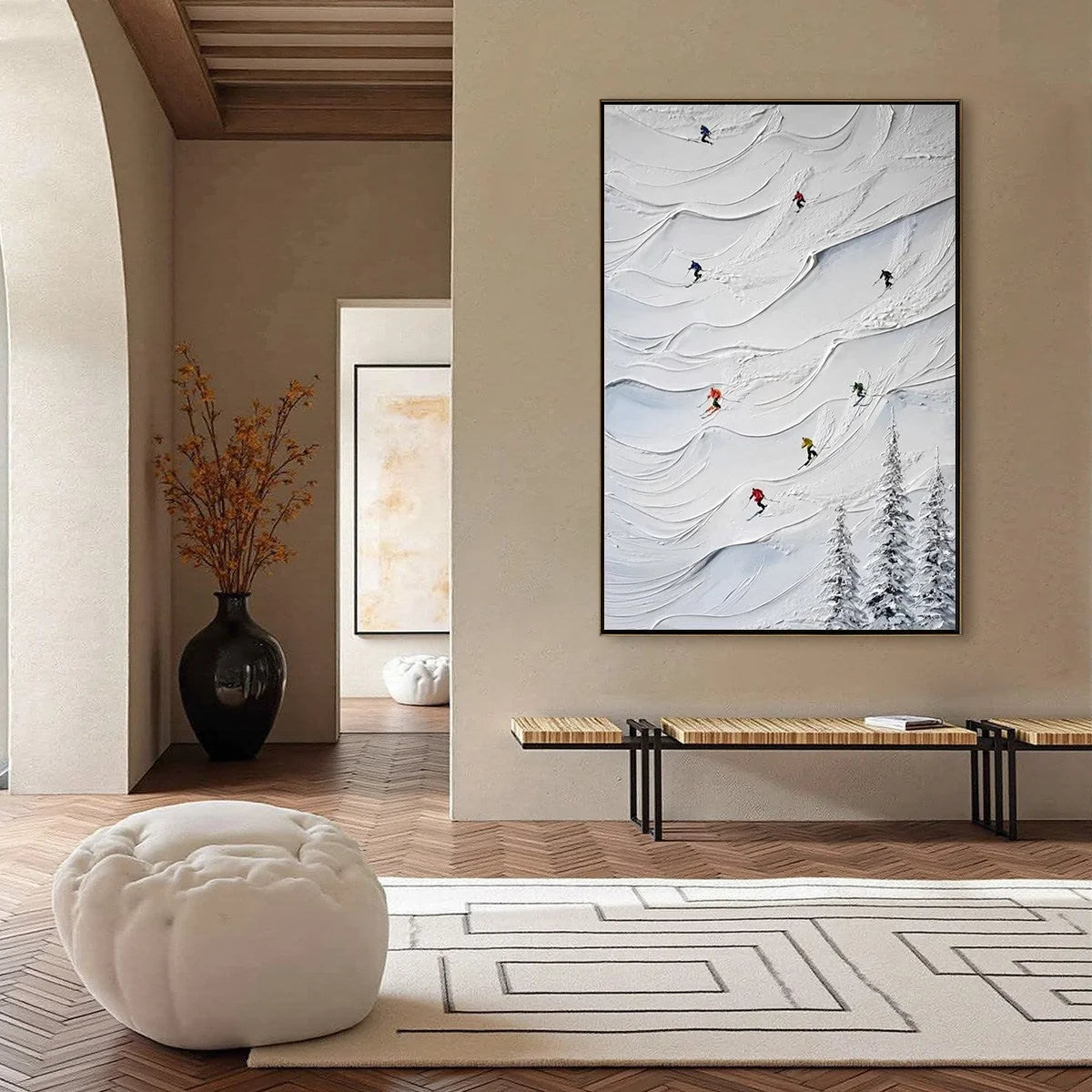 ALPINE RUSH: Textured Impasto Skiing on Snowy Mountain Oil Painting | gold frame stretched on neutral wall