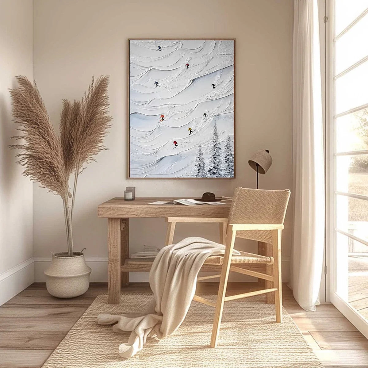 ALPINE RUSH: Textured Impasto Skiing on Snowy Mountain Oil Painting | black frame version on white wall
