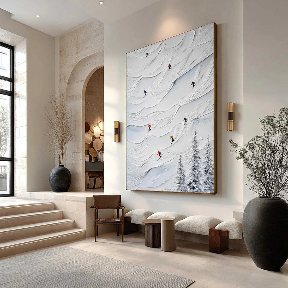 ALPINE RUSH: Textured Impasto Skiing on Snowy Mountain Oil Painting | impasto mood, soft natural light studio shot
