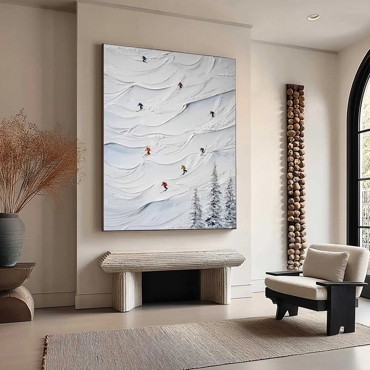ALPINE RUSH: Textured Impasto Skiing on Snowy Mountain Oil Painting | multi palette, original office art
