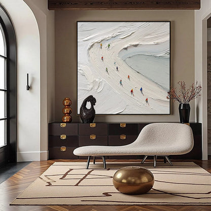 ALPINE RUSH: Textured Impasto Style Skiing Sports Painting | gold frame stretched on neutral wall