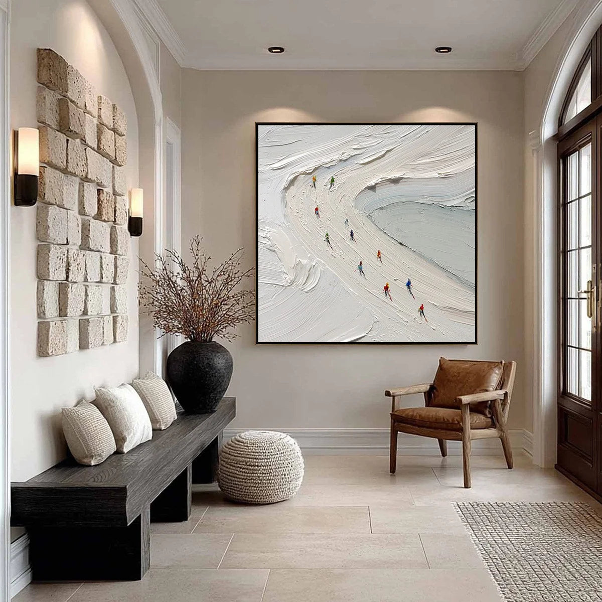 ALPINE RUSH: Textured Impasto Style Skiing Sports Painting | black frame version on white wall