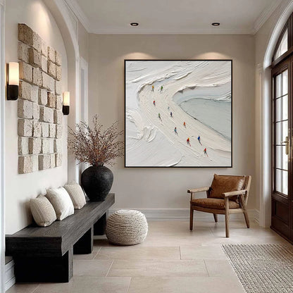 ALPINE RUSH: Textured Impasto Style Skiing Sports Painting | black frame version on white wall