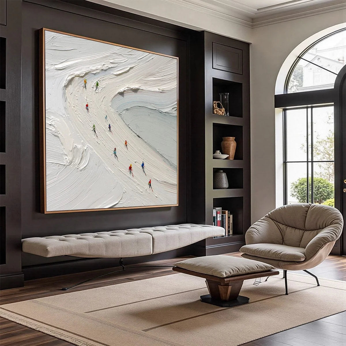 ALPINE RUSH: Textured Impasto Style Skiing Sports Painting | impasto mood, soft natural light studio shot