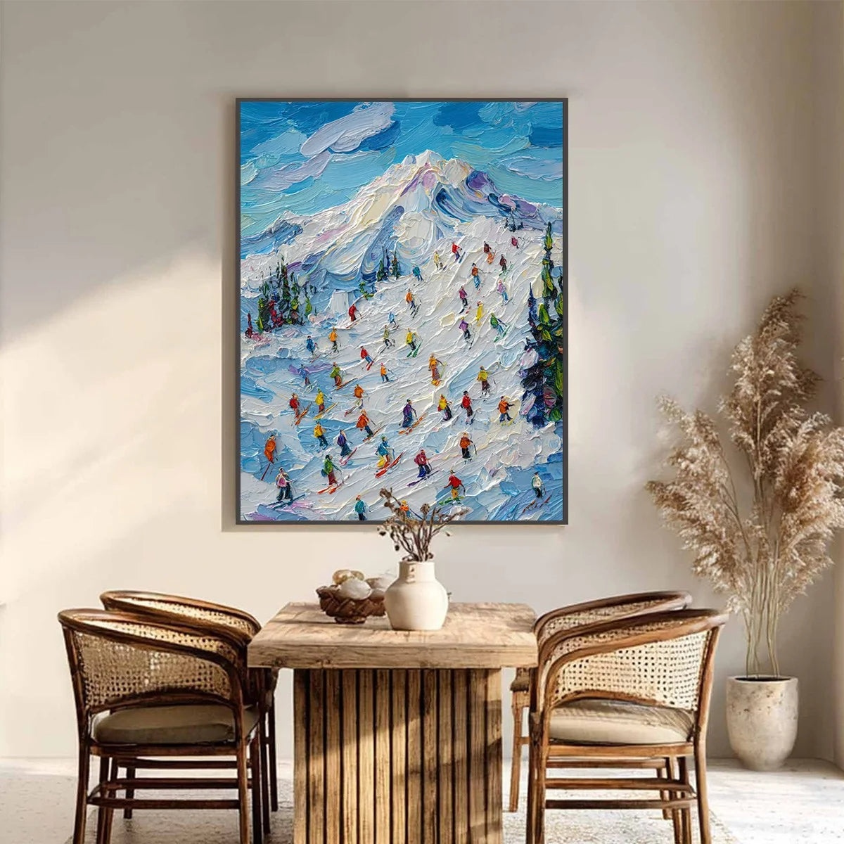 ALPINE RUSH: Textured Palette Knife Ski Mountain Painting | palette knife closeup, raised brushwork detail