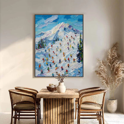 ALPINE RUSH: Textured Palette Knife Ski Mountain Painting | palette knife closeup, raised brushwork detail
